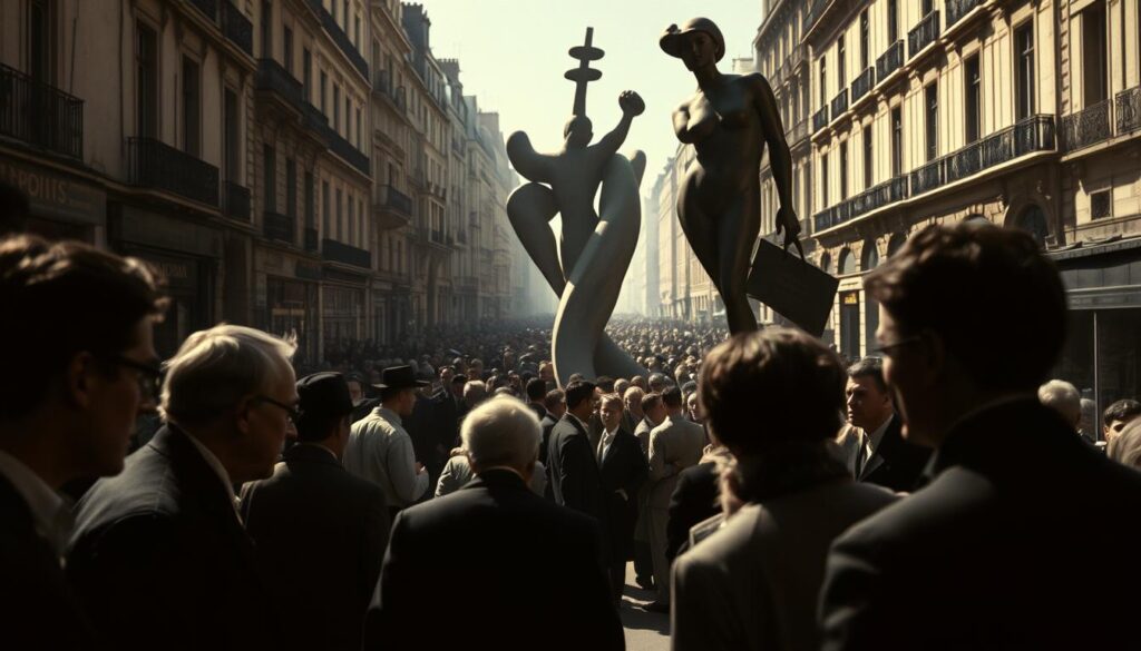 A bustling Parisian street in the 1920s, the air thick with the scent of controversy. In the foreground, a group of Surrealist artists, their faces obscured by the shadows, engaged in heated debate. The middle ground features a towering, dreamlike sculpture, its abstract forms casting strange shadows that seem to come alive. In the background, a crowd of onlookers, their expressions ranging from fascination to bewilderment, as they witness the unfolding scene. The lighting is dramatic, with sharp contrasts and a sense of unease, capturing the charged atmosphere of the Surrealist movement's immediate reception and the controversies that surrounded it.