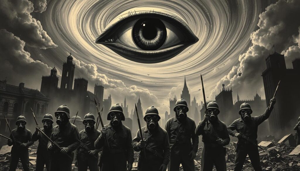 A surreal WWII-era scene of surrealist activism and political resistance. In the foreground, a group of surrealist artists and activists, their faces obscured by gas masks, stand united in defiance, wielding paintbrushes as their weapons. Behind them, a dystopian cityscape lies in ruin, buildings collapsing into abstract forms, the sky a swirling vortex of monochrome hues. Hovering above, a giant, disembodied eye surveys the scene, a symbol of the subconscious and the power of the mind to challenge oppression. The lighting is dramatic, with harsh shadows and beams of light cutting through the gloom. The overall mood is one of tension, rebellion, and the transformative potential of surrealist art.