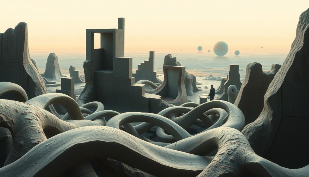 A surreal landscape of intertwined forms and dreamlike elements, blending the legacy of surrealism with the visual language of postmodern art. In the foreground, abstract shapes and organic textures intertwine, creating a sense of ambiguous, shifting reality. The middle ground features fragmented architectural elements, their geometric forms melting and distorting, hinting at the breakdown of traditional structures. In the distant background, a horizon of ethereal, colorful shapes and gradient-filled skies, evoking a transcendent, otherworldly atmosphere. Soft, diffused lighting casts a contemplative, almost melancholic mood, as if the scene is a remnant of a forgotten, imaginary world. The composition subtly integrates various surrealist and postmodern visual motifs, inviting the viewer to explore the intersections of these influential art movements. A surreal landscape of intertwined forms and dreamlike elements, blending the legacy of surrealism with the visual language of postmodern art. In the foreground, abstract shapes and organic textures intertwine, creating a sense of ambiguous, shifting reality. The middle ground features fragmented architectural elements, their geometric forms melting and distorting, hinting at the breakdown of traditional structures. In the distant background, a horizon of ethereal, colorful shapes and gradient-filled skies, evoking a transcendent, otherworldly atmosphere. Soft, diffused lighting casts a contemplative, almost melancholic mood, as if the scene is a remnant of a forgotten, imaginary world. The composition subtly integrates various surrealist and postmodern visual motifs, inviting the viewer to explore the intersections of these influential art movements.