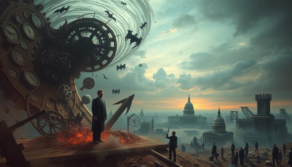 A surreal landscape of political imagery, bathed in an eerie, dreamlike light. In the foreground, a figure resembling a politician stands amidst a swirling vortex of abstract shapes and symbols, their face obscured by a mask. In the middle ground, fragmented forms and structures hint at the machinery of government, while in the background, a vast, unsettling sky stretches out, tinged with hues of unnatural, otherworldly colors. The overall atmosphere conveys a sense of tension, subversion, and the subconscious undercurrents that shape the political landscape.