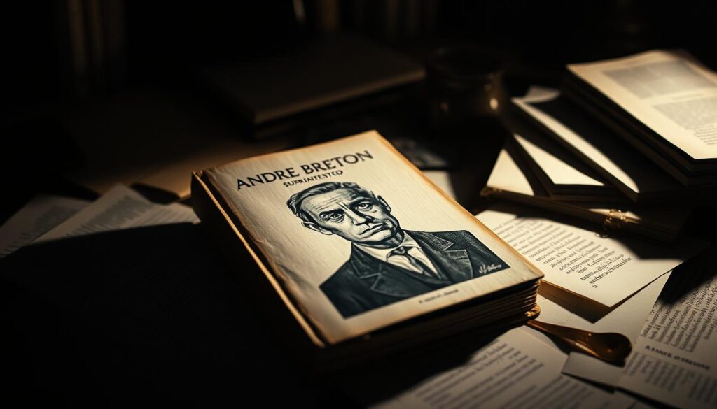 A surrealist manifesto document, illuminated by a dramatic chiaroscuro lighting, resting on a desk in a dimly lit study. The manifesto's cover features André Breton's iconic portrait, his pensive gaze drawing the viewer into the esoteric world of surrealism. Surrounding the document, scattered papers and books evoke an atmosphere of intellectual contemplation and creative fervor. The moody, atmospheric lighting casts deep shadows, imbuing the scene with a sense of mystery and the subconscious. The overall composition suggests the profound impact of Breton's manifesto in defining and shaping the surrealist movement.