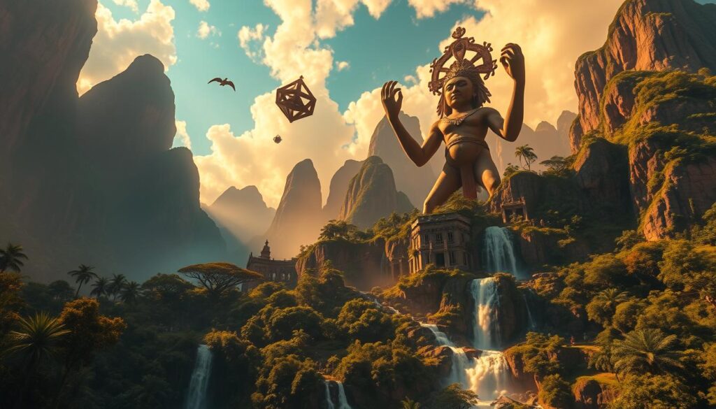 A vibrant Latin American landscape bathed in surreal hues, where towering mountains and lush rainforests mingle with fantastical architectural forms. In the foreground, a colossal, anthropomorphic figure emerges from the earth, its limbs stretching towards the sky. Cascading waterfalls and floating geometric shapes create a dreamlike atmosphere, hinting at the rich spiritual and cultural heritage of the region. Warm, golden lighting casts dramatic shadows, evoking a sense of mystery and wonder. Captured through the lens of a wide-angle camera, the scene conveys the bold, imaginative spirit of Latin American surrealism. A vibrant Latin American landscape bathed in surreal hues, where towering mountains and lush rainforests mingle with fantastical architectural forms. In the foreground, a colossal, anthropomorphic figure emerges from the earth, its limbs stretching towards the sky. Cascading waterfalls and floating geometric shapes create a dreamlike atmosphere, hinting at the rich spiritual and cultural heritage of the region. Warm, golden lighting casts dramatic shadows, evoking a sense of mystery and wonder. Captured through the lens of a wide-angle camera, the scene conveys the bold, imaginative spirit of Latin American surrealism.
