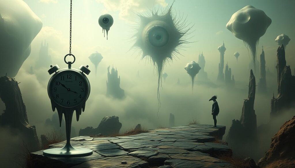 A surreal dreamscape, bathed in a soft, ethereal light. In the foreground, a melting clock and a disembodied eye float, symbolizing the subconscious and the nature of perception. In the middle ground, a figure with a bird's head stands contemplatively, surrounded by abstract shapes and forms that evoke the subconscious mind. In the distance, a vast, hazy landscape with floating islands and distorted, dreamlike structures, conveying the enigmatic and elusive nature of the subconscious. The scene is imbued with a sense of mystery and introspection, inviting the viewer to explore the symbolic and psychological depths of surrealism. A surreal dreamscape, bathed in a soft, ethereal light. In the foreground, a melting clock and a disembodied eye float, symbolizing the subconscious and the nature of perception. In the middle ground, a figure with a bird's head stands contemplatively, surrounded by abstract shapes and forms that evoke the subconscious mind. In the distance, a vast, hazy landscape with floating islands and distorted, dreamlike structures, conveying the enigmatic and elusive nature of the subconscious. The scene is imbued with a sense of mystery and introspection, inviting the viewer to explore the symbolic and psychological depths of surrealism.