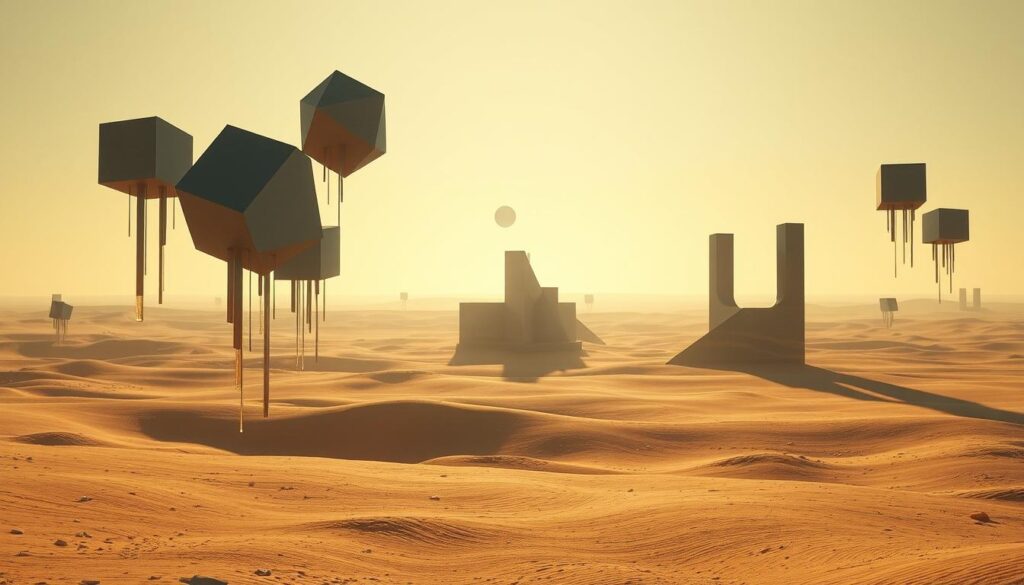 A surreal landscape of floating geometric shapes and disjointed structures, bathed in a warm, diffused light. In the foreground, cascading cubes and prisms defy gravity, casting elongated shadows across a dreamlike terrain. The middle ground features abstract architectural forms, their sharp angles and mirrored surfaces reflecting the celestial movements above. In the distant background, a hazy, prismatic sky frames the scene, creating a sense of tranquil uncertainty. Subtle textures and muted color palettes evoke a contemplative, introspective mood, inviting the viewer to explore the boundaries between the real and the imagined. A surreal landscape of floating geometric shapes and disjointed structures, bathed in a warm, diffused light. In the foreground, cascading cubes and prisms defy gravity, casting elongated shadows across a dreamlike terrain. The middle ground features abstract architectural forms, their sharp angles and mirrored surfaces reflecting the celestial movements above. In the distant background, a hazy, prismatic sky frames the scene, creating a sense of tranquil uncertainty. Subtle textures and muted color palettes evoke a contemplative, introspective mood, inviting the viewer to explore the boundaries between the real and the imagined.