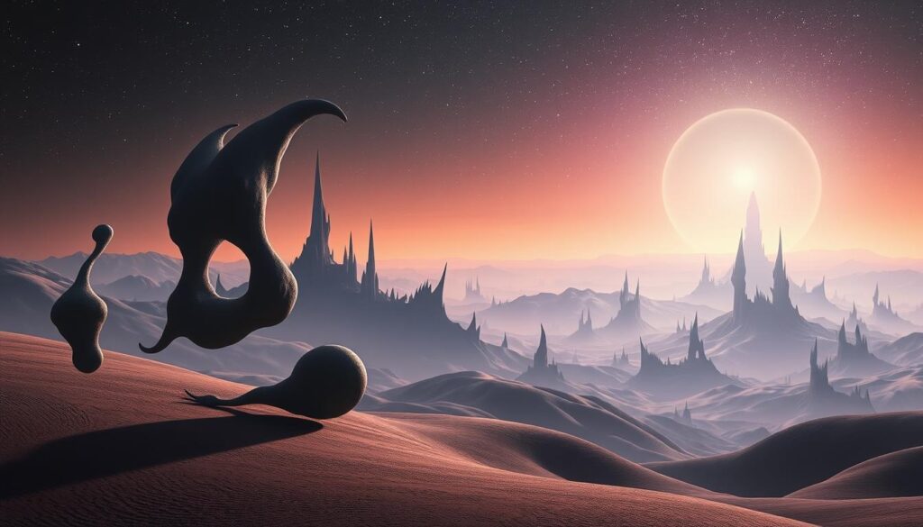 A cosmic dreamscape unfolds, a surreal realm where Tanguy's phantasmagorical visions take flight. In the foreground, amorphous biomorphic forms drift lazily, their enigmatic shapes casting long shadows across the undulating terrain. The middle ground is a labyrinth of jagged, otherworldly structures, their sharp angles and peaks piercing the hazy, twilight atmosphere. In the distant background, a luminous, ethereal horizon bleeds into an expansive, star-flecked sky, hinting at realms beyond the physical. Bathed in a soft, diffuse light that lends an aura of mystery, this desolate, yet captivating landscape evokes a sense of the unknown, a portal to the subconscious.