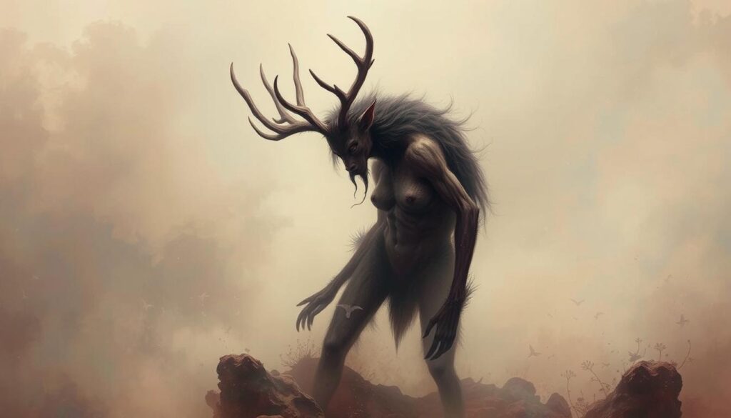 A surreal, dreamlike landscape where a shapeshifting, anthropomorphic figure with antlers and fur-like textures emerges from a mystical, alchemical environment. The background is hazy and ethereal, with subtle shimmers of light and otherworldly elements. The figure's pose is dynamic, conveying a sense of transformation and metamorphosis. The color palette is rich and vibrant, with deep, earthy tones and hints of iridescence. The overall atmosphere is one of introspection, spiritual awakening, and feminist empowerment, reflecting the themes of Leonora Carrington's surreal art.