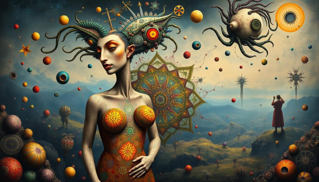 A surreal dreamscape of Max Ernst and Leonora Carrington, their faces merging and transforming into fantastical hybrid creatures. In the foreground, Ernst and Carrington stand side by side, their bodies intertwined and blending into a striking, otherworldly presence. In the middle ground, a swirling kaleidoscope of organic shapes, vibrant colors, and enigmatic symbols evokes the alchemical and feminist themes of their collaborative artworks. The background is a hazy, ethereal landscape filled with floating, metamorphic elements that suggest the subversive power of the surreal imagination. The lighting is soft and atmospheric, casting a sense of mystery and wonder over the entire scene.