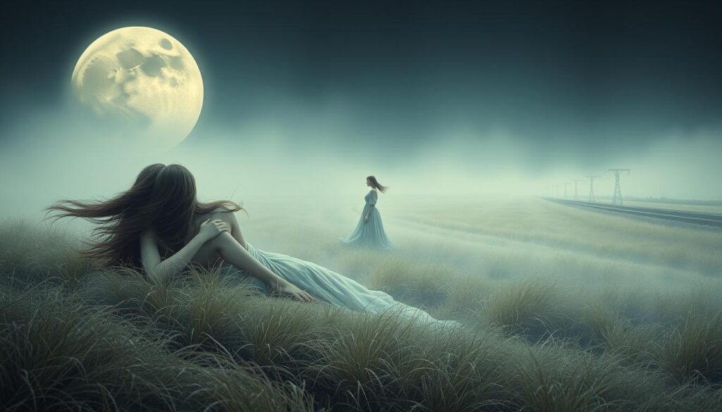 A surreal dreamscape of women in the style of Belgian artist Paul Delvaux. In the foreground, two ethereal female figures recline on a tranquil moonlit landscape, their faces obscured by flowing hair and a soft, hazy atmosphere. In the middle ground, a solitary female figure stands amid a field of long, swaying grass, her gaze fixed on the horizon. In the background, a distant railway line disappears into the mist, evoking Delvaux's signature blend of nostalgia, mystery, and the subconscious. The scene is bathed in a cool, silvery light, creating an evocative, otherworldly ambiance that captures the essence of Delvaux's thematic concerns.