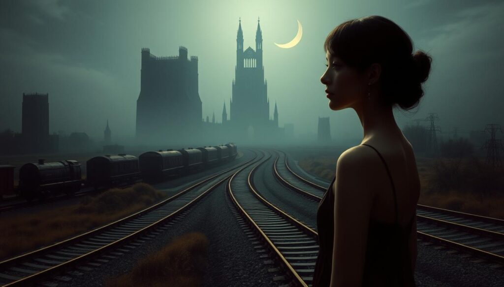 A surreal moonlit dreamscape by the Belgian Surrealist artist Paul Delvaux. In the foreground, a lone female figure stands transfixed, her delicate features bathed in the soft glow of the crescent moon. Behind her, a network of railway tracks winds through a serene landscape, the carriages and engines blurred as if in motion. In the middle ground, towering, abstracted architectural forms cast long shadows, hinting at a mysterious, otherworldly presence. The background is shrouded in a hazy, ethereal mist, creating a sense of ethereal, otherworldly atmosphere. The entire scene is imbued with a sense of quiet contemplation and poetic reverie.