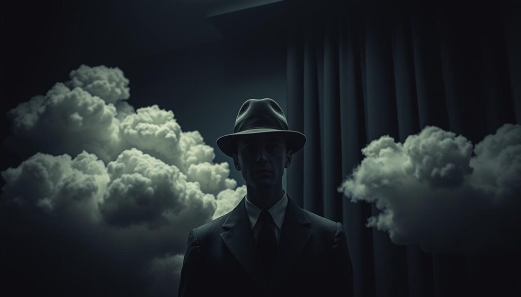 A surreal scene set in a dimly lit, dreamlike atmosphere. In the foreground, a life-sized figure of René Magritte stands solemnly, wearing his iconic bowler hat. The hat casts a deep shadow over his face, obscuring his features and lending an air of mystery. Billowing clouds, reminiscent of Magritte's paintings, fill the middle ground, their shapes and textures accentuated by dramatic chiaroscuro lighting. In the background, a heavy curtain, partially drawn, hints at the unseen, the unknown, and the boundaries between reality and imagination. The overall composition evokes a sense of the uncanny, blending the familiar and the surreal in a way that challenges the viewer's perception of the everyday.