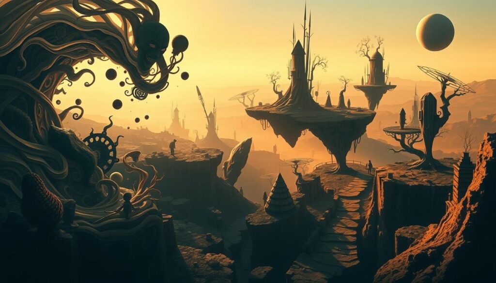 A surrealist dreamscape unfolds, blending the familiar and the unfamiliar. In the foreground, a figure with a masked face emerges from a swirling vortex of organic forms and geometric shapes, hinting at the subconscious and the mysteries of the unknown. The middle ground is a landscape of floating rocks, twisted trees, and surreal structures, bathed in a warm, golden light that casts long shadows, creating a sense of depth and mystery. In the background, a hazy, ethereal horizon stretches out, suggesting the boundless realm of the imagination. The overall atmosphere is one of introspection, curiosity, and the exploration of the subconscious mind, capturing the essence of Surrealist art and the journey into the "Entry into Surrealism".