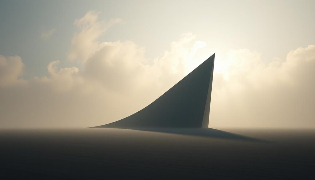 A solitary surrealist structure stands in an expansive, ethereal landscape. The architecture, inspired by the visionary paintings of Kay Sage, features angular, geometric forms in muted tones that cast long, dramatic shadows. Diffused, low-angled lighting filters through wispy, otherworldly clouds, creating an atmosphere of isolation and quiet contemplation. The structure's sharp silhouette dominates the frame, surrounded by an expanse of empty space that emphasizes a sense of profound solitude. Sage's signature visual motifs of isolation and shadowy dreamscapes are evoked through this eerie, melancholic scene. A solitary surrealist structure stands in an expansive, ethereal landscape. The architecture, inspired by the visionary paintings of Kay Sage, features angular, geometric forms in muted tones that cast long, dramatic shadows. Diffused, low-angled lighting filters through wispy, otherworldly clouds, creating an atmosphere of isolation and quiet contemplation. The structure's sharp silhouette dominates the frame, surrounded by an expanse of empty space that emphasizes a sense of profound solitude. Sage's signature visual motifs of isolation and shadowy dreamscapes are evoked through this eerie, melancholic scene.