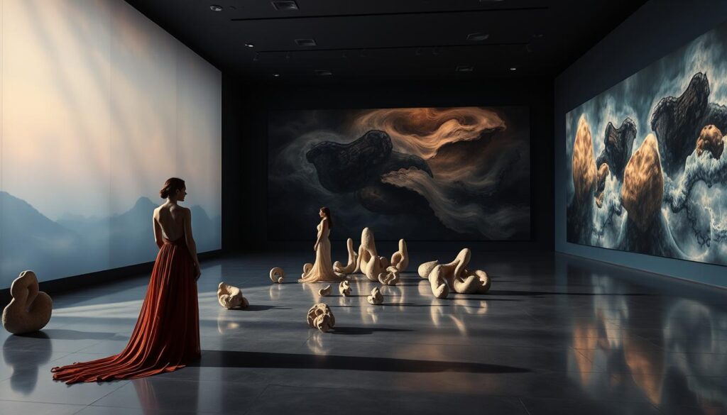 A surreal art exhibition set in a dreamlike, twilight-tinged gallery. In the foreground, two women in flowing, ethereal gowns stand before a large, enigmatic sculpture, gazing upon it with a sense of wonder and contemplation. The middle ground features a scattering of abstract, organic forms and shapes, casting elongated shadows across the polished floors. In the background, the gallery walls are adorned with large-scale, surrealist paintings that seem to shimmer and undulate, creating an atmosphere of mysticism and the sublime. Soft, diffused lighting bathes the scene, imbuing it with a sense of tranquility and reverence, as if the women have stumbled upon a sacred, otherworldly space.