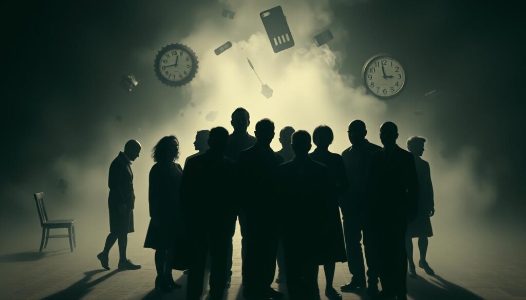 A surreal gathering of Surrealist figures in a dreamlike, shadowed setting. In the foreground, amorphous silhouettes converge, their forms blurred and indistinct, suggesting the interplay of individual and collective identity. The middle ground is obscured by a hazy, atmospheric mist, creating a sense of depth and mystery. In the background, scattered fragments of familiar objects - a chair, a clock, a staircase - drift and recombine, hinting at the subversive juxtapositions that define the Surrealist aesthetic. The lighting is low-key, casting long shadows that extend and distort the figures, evoking a somber, introspective mood. The overall composition conveys the tension and dynamism of the Surrealist group, as individual identities dissolve and reform within the shared, shadowed dreamscape. A surreal gathering of Surrealist figures in a dreamlike, shadowed setting. In the foreground, amorphous silhouettes converge, their forms blurred and indistinct, suggesting the interplay of individual and collective identity. The middle ground is obscured by a hazy, atmospheric mist, creating a sense of depth and mystery. In the background, scattered fragments of familiar objects - a chair, a clock, a staircase - drift and recombine, hinting at the subversive juxtapositions that define the Surrealist aesthetic. The lighting is low-key, casting long shadows that extend and distort the figures, evoking a somber, introspective mood. The overall composition conveys the tension and dynamism of the Surrealist group, as individual identities dissolve and reform within the shared, shadowed dreamscape.