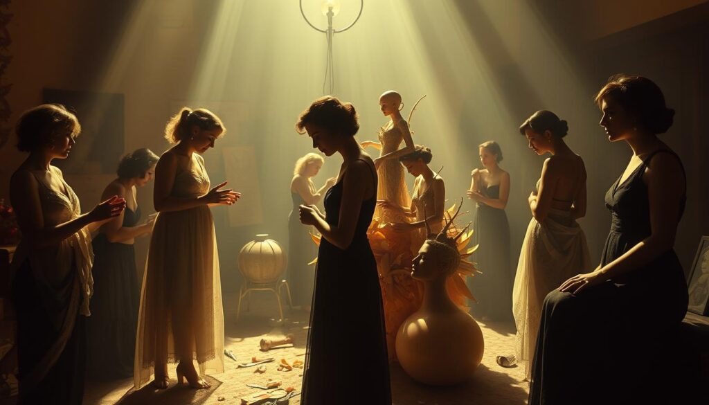 A surreal gathering of pioneering female surrealist artists, bathed in a dreamlike, atmospheric light. In the foreground, Leonora Carrington, Remedios Varo, and Dorothea Tanning immerse themselves in imaginative, otherworldly scenes, their figures shrouded in shimmering, ethereal textures. In the middle ground, Eileen Agar, Leonora Sage, and Meret Oppenheim collaborate on a fantastical, sculptural installation, their movements captured in a blur of creative energy. In the distant background, the elusive Claude Cahun contemplates the viewer through a hazy, enigmatic gaze, embodying the subversive spirit of the surrealist movement.