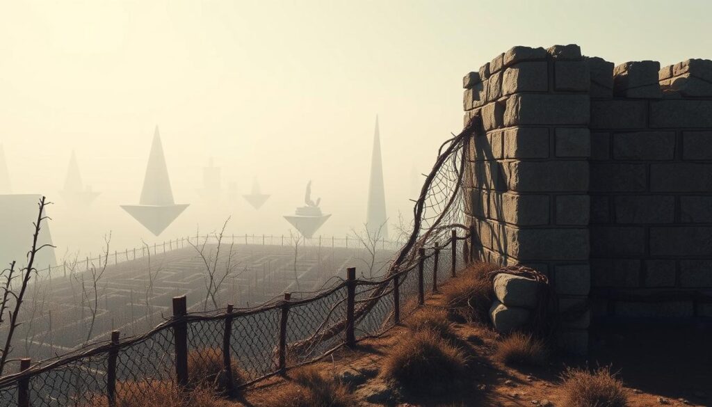 A surreal landscape of barriers and obstacles, symbolizing the challenges faced by women surrealist artists. In the foreground, a towering wall of crumbling stone and twisted metal, casting long shadows across the scene. In the middle ground, a maze-like tangle of thorns and brambles, obscuring the path forward. The background fades into a hazy, dreamlike realm of floating platforms and disjointed geometric shapes, hinting at the unconventional and nonlinear nature of the surrealist artistic journey. Soft, diffused lighting casts an ethereal glow, evoking a sense of both wonder and unease. The overall composition conveys the tenacity and resilience required to overcome the barriers that women surrealists confronted in their pursuit of creative expression.
