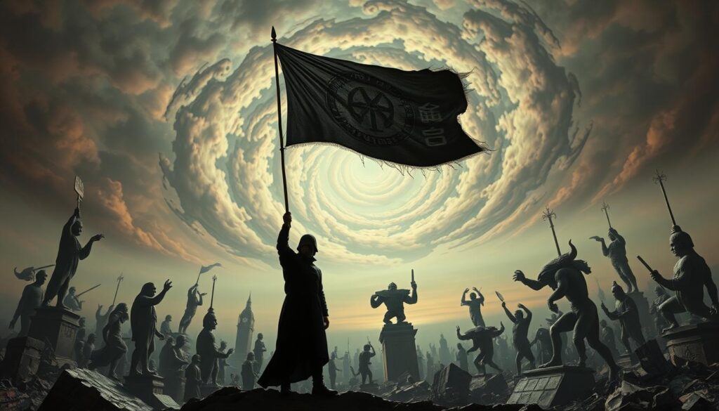 A surreal political landscape, a dreamlike juxtaposition of symbols and figures. In the foreground, a shadowy figure, their identity obscured, stands resolute, holding aloft a banner emblazoned with cryptic markings. The middle ground is a swirling vortex of disjointed forms - fragmented statues, crumbling edifices, and distorted, hybrid creatures. In the distance, a vast, unsettling sky, tinged with eerie hues, serves as a backdrop to this unsettling tableau. The lighting is dramatic, with stark contrasts and deep shadows, conveying a sense of unease and tension. The overall atmosphere is one of resistance, subversion, and the blurring of boundaries between the real and the imagined. A surreal political landscape, a dreamlike juxtaposition of symbols and figures. In the foreground, a shadowy figure, their identity obscured, stands resolute, holding aloft a banner emblazoned with cryptic markings. The middle ground is a swirling vortex of disjointed forms - fragmented statues, crumbling edifices, and distorted, hybrid creatures. In the distance, a vast, unsettling sky, tinged with eerie hues, serves as a backdrop to this unsettling tableau. The lighting is dramatic, with stark contrasts and deep shadows, conveying a sense of unease and tension. The overall atmosphere is one of resistance, subversion, and the blurring of boundaries between the real and the imagined.