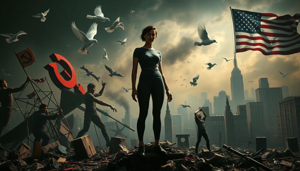 A surreal tableau, a fusion of politics and the subconscious. In the foreground, a figure, androgynous and defiant, stands amidst a swirl of colliding symbols - a hammer and sickle, a dove in flight, a deconstructed American flag. The middle ground is a haze of fragmented forms, geometric shapes and disjointed limbs, creating a sense of unease and instability. In the background, a dystopian cityscape, its buildings warped and distorted, like a fever dream of totalitarianism. Dramatic chiaroscuro lighting casts deep shadows, evoking the tension and uncertainty of wartime. The overall impression is one of rebellion, resistance, and the power of the individual to defy oppressive forces through the transformative lens of surrealism. A surreal tableau, a fusion of politics and the subconscious. In the foreground, a figure, androgynous and defiant, stands amidst a swirl of colliding symbols - a hammer and sickle, a dove in flight, a deconstructed American flag. The middle ground is a haze of fragmented forms, geometric shapes and disjointed limbs, creating a sense of unease and instability. In the background, a dystopian cityscape, its buildings warped and distorted, like a fever dream of totalitarianism. Dramatic chiaroscuro lighting casts deep shadows, evoking the tension and uncertainty of wartime. The overall impression is one of rebellion, resistance, and the power of the individual to defy oppressive forces through the transformative lens of surrealism.