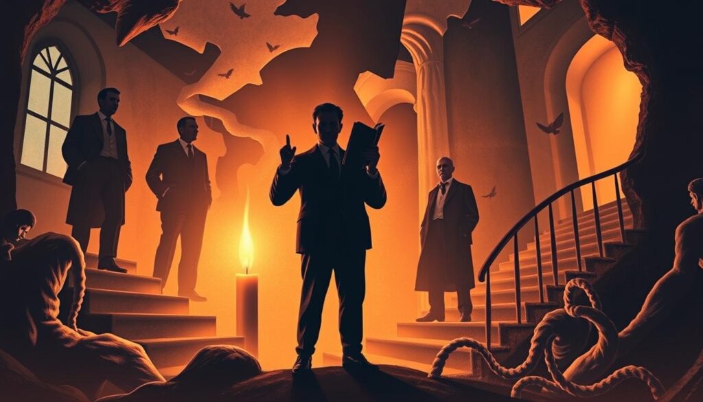 A surrealist dreamscape where literature and resistance intertwine. In the foreground, a figure resembling Louis Aragon or Robert Desnos stands defiantly, holding a book aloft as a symbol of verbal rebellion. Shadows of René Crevel, Benjamin Péret, and Michel Leiris loom in the background, their faces obscured by abstract, fragmented shapes. The scene is bathed in a warm, amber glow, as if lit by the flickering flame of a candle, casting an otherworldly, subversive atmosphere. Distorted architectural elements, such as twisted staircases and disjointed windows, create a sense of disorientation and challenge the boundaries of reality. Surreal, organic textures and patterns swirl around the figures, blurring the line between the physical and the metaphysical, a testament to the power of the surrealist imagination. A surrealist dreamscape where literature and resistance intertwine. In the foreground, a figure resembling Louis Aragon or Robert Desnos stands defiantly, holding a book aloft as a symbol of verbal rebellion. Shadows of René Crevel, Benjamin Péret, and Michel Leiris loom in the background, their faces obscured by abstract, fragmented shapes. The scene is bathed in a warm, amber glow, as if lit by the flickering flame of a candle, casting an otherworldly, subversive atmosphere. Distorted architectural elements, such as twisted staircases and disjointed windows, create a sense of disorientation and challenge the boundaries of reality. Surreal, organic textures and patterns swirl around the figures, blurring the line between the physical and the metaphysical, a testament to the power of the surrealist imagination.