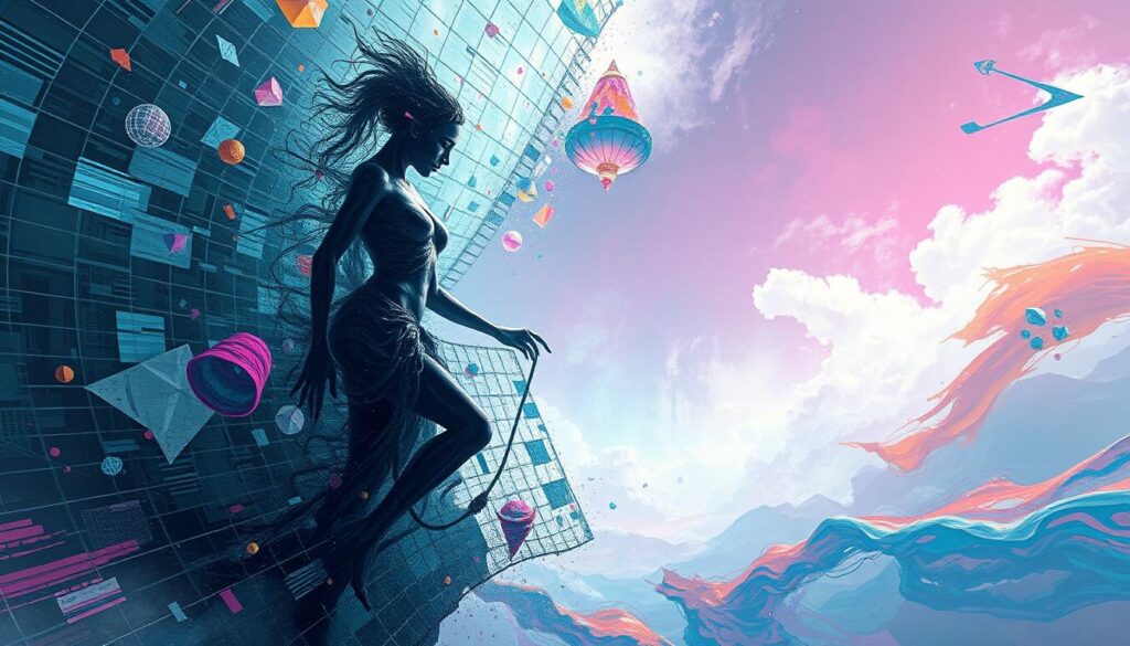 A surrealist landscape of digital artistry. In the foreground, a twisted, dreamlike figure emerges from a glitching, pixelated vortex, its form shifting and distorting. Surrounding it, an array of geometric shapes and kaleidoscopic patterns dance in a luminous, otherworldly environment. The middle ground features abstract, fluid brushstrokes of vibrant color, blending seamlessly with the digital elements. In the background, a hazy, ethereal skyscape with shimmering, holographic clouds creates a sense of boundless, transcendent wonder. Soft, diffused lighting casts a mystical glow, while a cinematic, wide-angle lens captures the scope and grandeur of this surrealist legacy in the digital age.