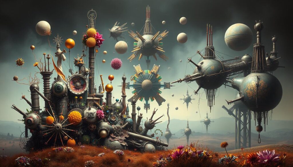 A surreal collective art piece, set in a dreamlike, ethereal landscape. In the foreground, a blend of organic and mechanical forms coalesce, creating a visually striking tableau. Vibrant, jewel-toned colors dance across the composition, evoking a sense of otherworldly energy. The middle ground features a kaleidoscope of fragmented, abstract shapes that seem to float and converge, hinting at the collaborative nature of the work. In the background, a hazy, atmospheric backdrop sets the stage, with subtle hints of celestial elements or cosmic phenomena. The lighting is soft, diffused, and almost mystical, casting a sense of wonder and intrigue. The overall mood is one of collective imagination, transcending the boundaries of traditional art forms. A surreal collective art piece, set in a dreamlike, ethereal landscape. In the foreground, a blend of organic and mechanical forms coalesce, creating a visually striking tableau. Vibrant, jewel-toned colors dance across the composition, evoking a sense of otherworldly energy. The middle ground features a kaleidoscope of fragmented, abstract shapes that seem to float and converge, hinting at the collaborative nature of the work. In the background, a hazy, atmospheric backdrop sets the stage, with subtle hints of celestial elements or cosmic phenomena. The lighting is soft, diffused, and almost mystical, casting a sense of wonder and intrigue. The overall mood is one of collective imagination, transcending the boundaries of traditional art forms.
