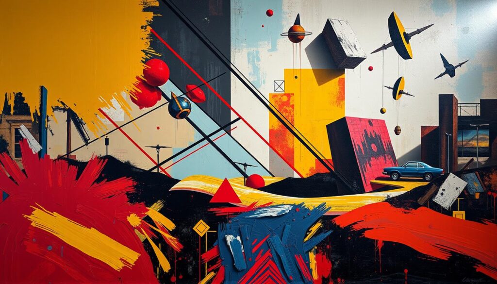 A surreal modern art composition featuring abstract expressionist brushstrokes and pop art-inspired geometric shapes. In the foreground, bold brushwork in vibrant hues creates a sense of energy and movement. The middle ground showcases intersecting lines and angular forms in a range of colors, evoking a conceptual, deconstructed aesthetic. In the background, dreamlike elements such as floating objects and distorted perspectives hint at the subconscious influences of surrealism. Dramatic lighting casts dramatic shadows, enhancing the sense of depth and mystery. The overall atmosphere is one of artistic experimentation, blending diverse stylistic elements to create a visually captivating and thought-provoking image. A surreal modern art composition featuring abstract expressionist brushstrokes and pop art-inspired geometric shapes. In the foreground, bold brushwork in vibrant hues creates a sense of energy and movement. The middle ground showcases intersecting lines and angular forms in a range of colors, evoking a conceptual, deconstructed aesthetic. In the background, dreamlike elements such as floating objects and distorted perspectives hint at the subconscious influences of surrealism. Dramatic lighting casts dramatic shadows, enhancing the sense of depth and mystery. The overall atmosphere is one of artistic experimentation, blending diverse stylistic elements to create a visually captivating and thought-provoking image.