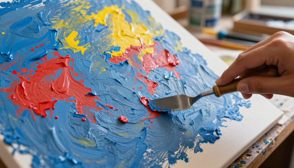 A close-up view of the grattage technique in action, showcasing a textured canvas with large swathes of wet paint in vibrant blues, reds, and yellows. In the foreground, an artist's hand is seen using a palette knife to scrape away at the paint, revealing intricate layers of texture below. The middle ground features the partially lifted paint showing fine textures and patterns, while the background is softly blurred, hinting at an art studio filled with various art supplies and tools. The lighting is warm and natural, casting soft shadows that enhance the texture of the scraped paint. The mood is creative and dynamic, inviting viewers into a world of artistic exploration and discovery. A close-up view of the grattage technique in action, showcasing a textured canvas with large swathes of wet paint in vibrant blues, reds, and yellows. In the foreground, an artist's hand is seen using a palette knife to scrape away at the paint, revealing intricate layers of texture below. The middle ground features the partially lifted paint showing fine textures and patterns, while the background is softly blurred, hinting at an art studio filled with various art supplies and tools. The lighting is warm and natural, casting soft shadows that enhance the texture of the scraped paint. The mood is creative and dynamic, inviting viewers into a world of artistic exploration and discovery.