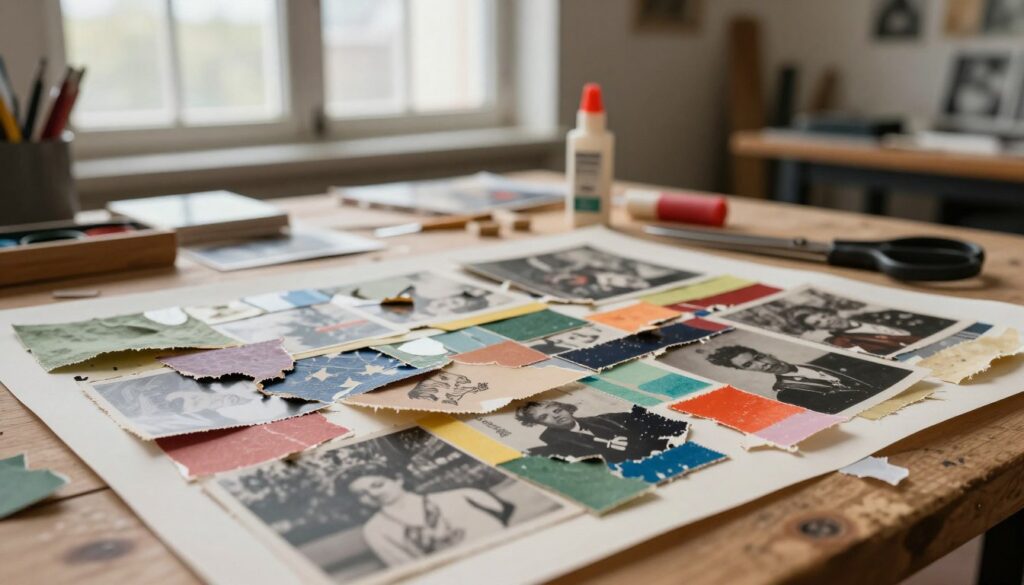 A dynamic analog collage depicting surrealist techniques, showcasing the intricate process of tearing, inlay, transfers, and adhesives. In the foreground, fragmented images of vintage photographs and textured paper overlapping with layers of colorful paint swatches and delicate fabric samples, partially torn at the edges. The middle ground features tools like scissors, glue sticks, and a craft knife scattered atop a wooden workspace, creating an inviting, creative atmosphere. The background reveals a softly lit artist's studio with natural light filtering through large windows, casting gentle shadows. The overall mood is one of artistic exploration and nostalgia, emphasizing the tactile, hands-on nature of analog collage methods.