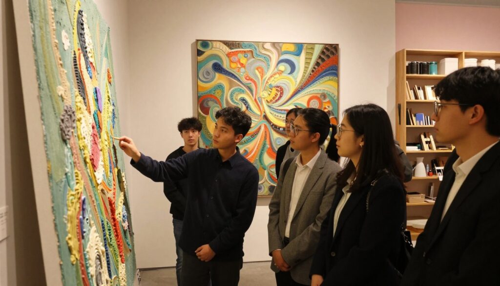 A surrealist art gallery setting with a focus on analyzing texture matrices and impasto techniques. In the foreground, a diverse group of art students in professional attire examines a large, textured canvas with vivid impasto brushstrokes. Their expressions are engaged and thoughtful. The middle ground features a large, abstract artwork filled with swirling colors and intricate textures, illuminated by soft, warm lighting that highlights the details. In the background, shelves lined with various artistic tools and materials create an inviting atmosphere, with hints of pale pastel colors on the walls. The overall mood is contemplative and creative, evoking a sense of exploration and discovery within the world of textured art. A surrealist art gallery setting with a focus on analyzing texture matrices and impasto techniques. In the foreground, a diverse group of art students in professional attire examines a large, textured canvas with vivid impasto brushstrokes. Their expressions are engaged and thoughtful. The middle ground features a large, abstract artwork filled with swirling colors and intricate textures, illuminated by soft, warm lighting that highlights the details. In the background, shelves lined with various artistic tools and materials create an inviting atmosphere, with hints of pale pastel colors on the walls. The overall mood is contemplative and creative, evoking a sense of exploration and discovery within the world of textured art.
