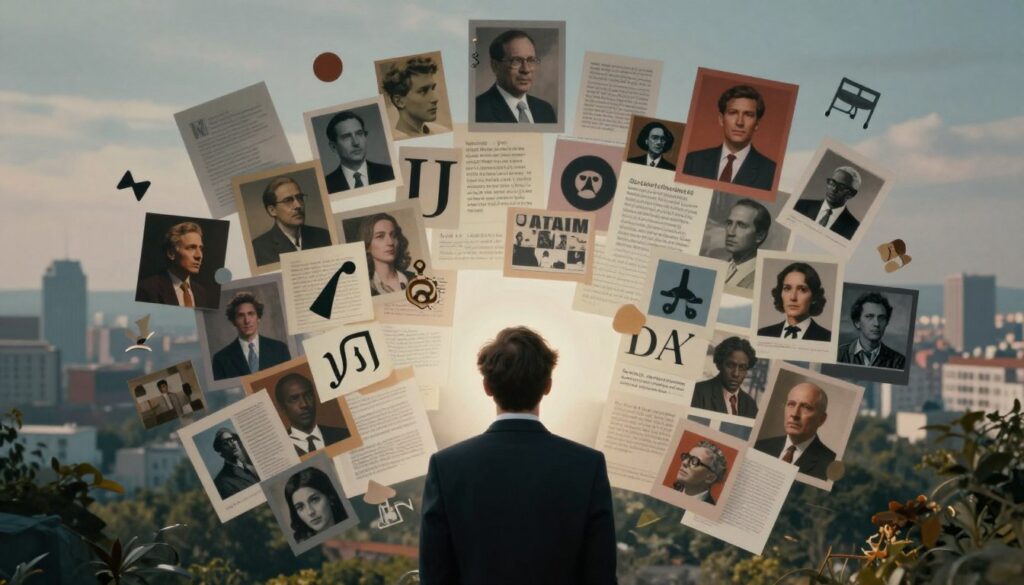 A surrealist collage representing a critique framework analysis, featuring an abstract blend of narrative elements, semiotics, and political context. Foreground: a central figure in professional attire, thoughtfully analyzing fragmented images of diverse symbols and texts, each representing varying political ideologies. Middle ground: overlapping cut-out shapes and collaged photographs hinting at historical events and cultural references, illuminated by soft, diffused lighting that evokes introspection. Background: a dreamy, blurred landscape of cityscapes and natural elements blending together, creating a sense of complexity and depth. The overall mood is contemplative and thought-provoking, capturing the essence of critique within the surrealist tradition, inviting viewers to explore deeper meanings. Use a wide-angle lens effect to enhance the layers and perspectives.