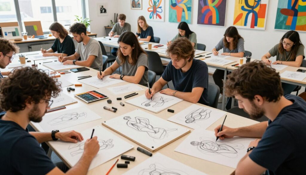 A vibrant art studio filled with dynamic energy, showcasing various gesture drawing techniques. In the foreground, a diverse group of artists is engaged in gesture drawing exercises, some using their non-dominant hand, others creating blind contour drawings, and all focused on capturing movement and form within strict time limits. They wear casual but professional clothing, reflecting a creative environment. In the middle, large sketch pads and charcoal sticks scatter on the table, highlighting the materials used. The background features colorful abstract artworks, sunlight streaming in through expansive windows, creating an inspiring atmosphere. The composition is captured with a wide-angle lens, emphasizing depth and movement, conveying a sense of spontaneity and artistic exploration. A vibrant art studio filled with dynamic energy, showcasing various gesture drawing techniques. In the foreground, a diverse group of artists is engaged in gesture drawing exercises, some using their non-dominant hand, others creating blind contour drawings, and all focused on capturing movement and form within strict time limits. They wear casual but professional clothing, reflecting a creative environment. In the middle, large sketch pads and charcoal sticks scatter on the table, highlighting the materials used. The background features colorful abstract artworks, sunlight streaming in through expansive windows, creating an inspiring atmosphere. The composition is captured with a wide-angle lens, emphasizing depth and movement, conveying a sense of spontaneity and artistic exploration.