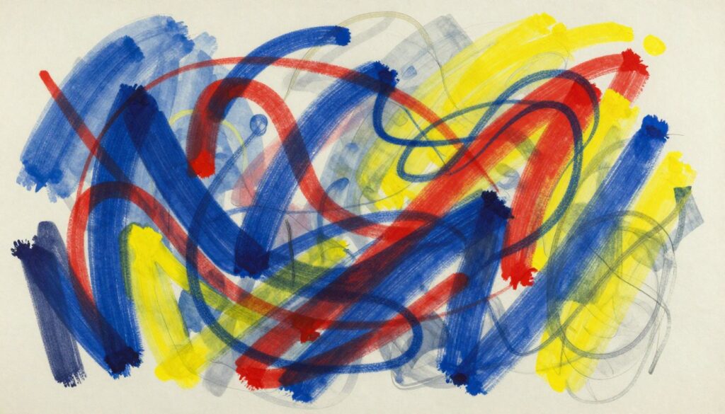 An abstract interpretation of André Masson's automatic drawing technique, focusing on dynamic, spontaneous gestures that evoke emotion. In the foreground, vivid, flowing lines and shapes swirl together in a cacophony of colors—deep blues, vibrant reds, and bright yellows reflecting an energy of creativity. In the middle ground, a faint translucency mimics the texture of paper, giving the impression of layered drawings overlapping. The background features soft, diffused lighting that highlights the artwork's vividness, casting gentle shadows to enhance depth. The scene captures an atmosphere of inspiration and introspection, emphasizing the connection between the artist's subconscious and the visual expression of ideas. The composition should have an organic feel, celebrating the essence of Surrealism through abstract forms. An abstract interpretation of André Masson's automatic drawing technique, focusing on dynamic, spontaneous gestures that evoke emotion. In the foreground, vivid, flowing lines and shapes swirl together in a cacophony of colors—deep blues, vibrant reds, and bright yellows reflecting an energy of creativity. In the middle ground, a faint translucency mimics the texture of paper, giving the impression of layered drawings overlapping. The background features soft, diffused lighting that highlights the artwork's vividness, casting gentle shadows to enhance depth. The scene captures an atmosphere of inspiration and introspection, emphasizing the connection between the artist's subconscious and the visual expression of ideas. The composition should have an organic feel, celebrating the essence of Surrealism through abstract forms.