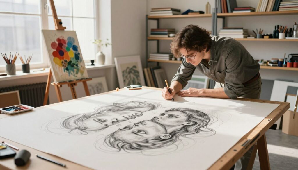 A bright studio filled with artistic tools and sketch pads, showcasing a double-image illusion on a large drawing board at the center. In the foreground, a partially rendered sketch shows two distinct images that meld into one, hinting at surrealism and the concept of perception. The middle ground features an easel with a vibrant color palette scattered around, while soft natural light streams through a large window, casting gentle shadows. In the background, shelves filled with art supplies and books create an inspiring atmosphere. An artist in professional attire leans over the drawing board, concentrated and engaged in the creative process. The overall mood is a blend of focus and imaginative exploration, embodying the spirit of artistic inquiry and experimentation. A bright studio filled with artistic tools and sketch pads, showcasing a double-image illusion on a large drawing board at the center. In the foreground, a partially rendered sketch shows two distinct images that meld into one, hinting at surrealism and the concept of perception. The middle ground features an easel with a vibrant color palette scattered around, while soft natural light streams through a large window, casting gentle shadows. In the background, shelves filled with art supplies and books create an inspiring atmosphere. An artist in professional attire leans over the drawing board, concentrated and engaged in the creative process. The overall mood is a blend of focus and imaginative exploration, embodying the spirit of artistic inquiry and experimentation.