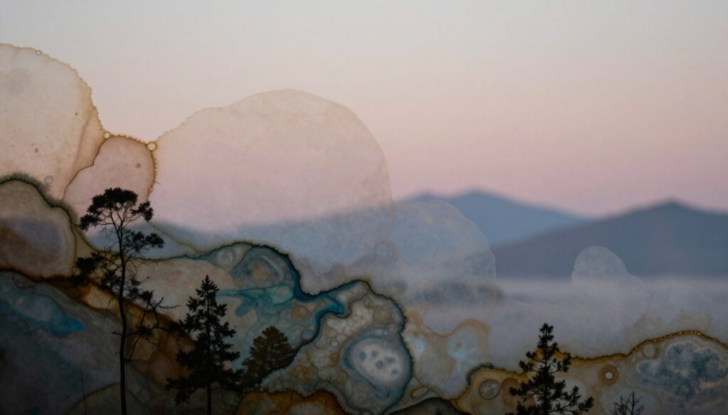 A captivating image of pareidolia stain imagery, featuring organic shapes resembling landscapes and abstract forms emerging from fluid color spills. In the foreground, intricate stain patterns with hints of trees, mountains, and clouds are vividly visible, outlined by contrasting dark and light hues. The middle ground reveals a transition of colors blending smoothly, creating dreamlike textures that suggest surreal elements. The background is softly blurred, evoking an atmospheric depth with gentle pastels reminiscent of a twilight sky. The lighting is soft and diffused, casting delicate shadows that enhance the organic shapes. The overall mood is contemplative and whimsical, inviting viewers to explore the serendipitous beauty of accidental forms that suggest landscapes, evoking a sense of wonder and introspection. A captivating image of pareidolia stain imagery, featuring organic shapes resembling landscapes and abstract forms emerging from fluid color spills. In the foreground, intricate stain patterns with hints of trees, mountains, and clouds are vividly visible, outlined by contrasting dark and light hues. The middle ground reveals a transition of colors blending smoothly, creating dreamlike textures that suggest surreal elements. The background is softly blurred, evoking an atmospheric depth with gentle pastels reminiscent of a twilight sky. The lighting is soft and diffused, casting delicate shadows that enhance the organic shapes. The overall mood is contemplative and whimsical, inviting viewers to explore the serendipitous beauty of accidental forms that suggest landscapes, evoking a sense of wonder and introspection.