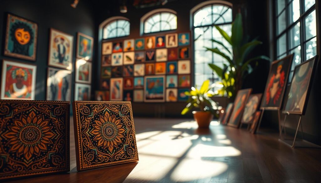 A collection of vivid papel amate prints displayed in a beautifully lit gallery setting that emphasizes their intricate textures and colors. In the foreground, focus on a few square prints with detailed patterns reflecting traditional Mexican motifs and surreal imagery. The middle ground should feature a gallery wall adorned with an assortment of these prints, with natural light streaming through large windows, creating soft shadows. In the background, hints of lush green plants can be seen, adding a touch of nature that complements the artwork. The lighting is warm, creating an inviting atmosphere that encourages appreciation of the prints. This scene should evoke a sense of tranquility and cultural richness, ideal for showcasing the art of papel amate in a curatorial context. A collection of vivid papel amate prints displayed in a beautifully lit gallery setting that emphasizes their intricate textures and colors. In the foreground, focus on a few square prints with detailed patterns reflecting traditional Mexican motifs and surreal imagery. The middle ground should feature a gallery wall adorned with an assortment of these prints, with natural light streaming through large windows, creating soft shadows. In the background, hints of lush green plants can be seen, adding a touch of nature that complements the artwork. The lighting is warm, creating an inviting atmosphere that encourages appreciation of the prints. This scene should evoke a sense of tranquility and cultural richness, ideal for showcasing the art of papel amate in a curatorial context.