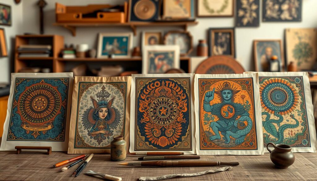 A collection of vivid papel amate prints displayed prominently in the foreground, showcasing intricate patterns and earthy colors that highlight the unique texture of the handmade paper. Each print features surreal imagery reminiscent of Mexican folklore, with rich blues, warm ochres, and deep greens that evoke a sense of cultural heritage. The middle ground includes art tools, like brushes and ink pots, positioned strategically to allude to the art-making process. In the background, a softly blurred workshop environment hints at the artisanal nature of these works, with warm, diffused lighting enhancing the organic feel. The atmosphere should be inviting yet scholarly, capturing the essence of collecting and curating Mexican surrealism while subtly nodding to the care needed for preserving paper art, including concerns about acidity and retouching. A collection of vivid papel amate prints displayed prominently in the foreground, showcasing intricate patterns and earthy colors that highlight the unique texture of the handmade paper. Each print features surreal imagery reminiscent of Mexican folklore, with rich blues, warm ochres, and deep greens that evoke a sense of cultural heritage. The middle ground includes art tools, like brushes and ink pots, positioned strategically to allude to the art-making process. In the background, a softly blurred workshop environment hints at the artisanal nature of these works, with warm, diffused lighting enhancing the organic feel. The atmosphere should be inviting yet scholarly, capturing the essence of collecting and curating Mexican surrealism while subtly nodding to the care needed for preserving paper art, including concerns about acidity and retouching.