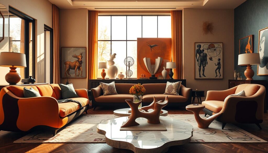 A contemporary interior featuring statement furniture that embodies surrealist principles, set in an elegant living room. In the foreground, a striking, oversized abstract sofa with bold colors and unique shapes beckons attention, while an intricately designed coffee table with organic forms complements its artistic flair. The middle ground showcases an eclectic mix of decor: whimsical lamps and oversized art pieces that challenge perceptions of reality. In the background, a large window floods the space with warm, golden afternoon light, casting intriguing shadows. The room exudes an imaginative and dreamlike atmosphere, inviting the viewer to explore a blend of art and functionality. Shot with a wide-angle lens from a low angle to emphasize the grandeur of the furniture and space, ensuring a captivating visual experience without any text or distractions. A contemporary interior featuring statement furniture that embodies surrealist principles, set in an elegant living room. In the foreground, a striking, oversized abstract sofa with bold colors and unique shapes beckons attention, while an intricately designed coffee table with organic forms complements its artistic flair. The middle ground showcases an eclectic mix of decor: whimsical lamps and oversized art pieces that challenge perceptions of reality. In the background, a large window floods the space with warm, golden afternoon light, casting intriguing shadows. The room exudes an imaginative and dreamlike atmosphere, inviting the viewer to explore a blend of art and functionality. Shot with a wide-angle lens from a low angle to emphasize the grandeur of the furniture and space, ensuring a captivating visual experience without any text or distractions.