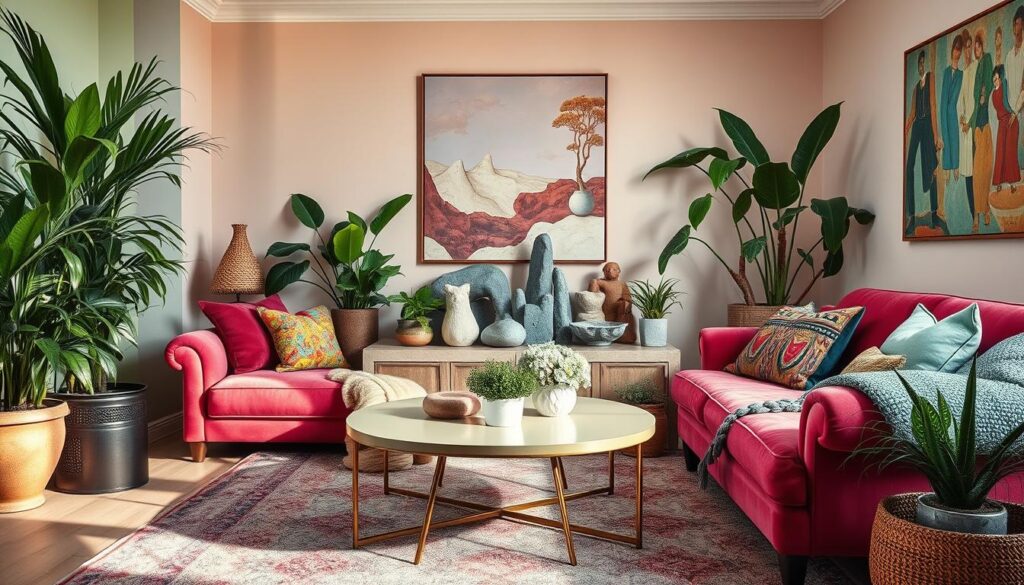 A cozy interior room with whimsical decor, featuring an eclectic mix of textures and materials. In the foreground, a vibrant velvet sofa adorned with colorful cushions sits lightly against a lacquered coffee table. The middle ground showcases an artistic arrangement of stone sculptures and lush houseplants, creating a playful yet sophisticated atmosphere. The background features walls painted in dreamy pastel colors, with abstract art that evokes a surrealist ambiance. Soft, diffused lighting gently highlights the interplay of textures, casting delicate shadows. A wide-angle view captures the entire scene, lending a sense of space and whimsy to the cozy room. The mood is enchanting and inviting, perfect for a contemporary take on surrealist principles in interior design. A cozy interior room with whimsical decor, featuring an eclectic mix of textures and materials. In the foreground, a vibrant velvet sofa adorned with colorful cushions sits lightly against a lacquered coffee table. The middle ground showcases an artistic arrangement of stone sculptures and lush houseplants, creating a playful yet sophisticated atmosphere. The background features walls painted in dreamy pastel colors, with abstract art that evokes a surrealist ambiance. Soft, diffused lighting gently highlights the interplay of textures, casting delicate shadows. A wide-angle view captures the entire scene, lending a sense of space and whimsy to the cozy room. The mood is enchanting and inviting, perfect for a contemporary take on surrealist principles in interior design.