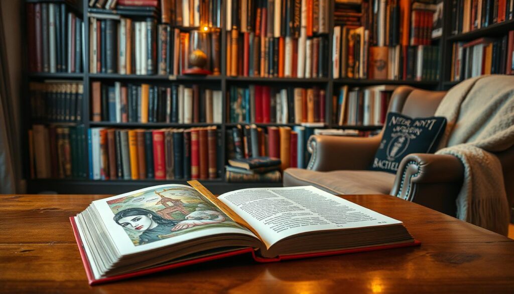 A cozy, inviting bookshelf filled with an array of surrealist literature, featuring first editions, small press chapbooks, and artist books. In the foreground, an open vintage book with whimsical illustrations spills colorful, dreamlike imagery onto a polished wooden table. The middle ground shows a collection of uniquely designed book spines, showcasing decorative covers and intricate textures. The background reveals softly lit shelves lined with books bathed in warm, ambient lighting, creating a serene atmosphere. A plush reading chair with a soft throw is visible, suggesting comfort and contemplation. Use a slightly elevated angle to capture the enticing depth of the collection, evoking a sense of curiosity and inspiration around literary dreams. The overall mood should feel warm, imaginative, and inviting. A cozy, inviting bookshelf filled with an array of surrealist literature, featuring first editions, small press chapbooks, and artist books. In the foreground, an open vintage book with whimsical illustrations spills colorful, dreamlike imagery onto a polished wooden table. The middle ground shows a collection of uniquely designed book spines, showcasing decorative covers and intricate textures. The background reveals softly lit shelves lined with books bathed in warm, ambient lighting, creating a serene atmosphere. A plush reading chair with a soft throw is visible, suggesting comfort and contemplation. Use a slightly elevated angle to capture the enticing depth of the collection, evoking a sense of curiosity and inspiration around literary dreams. The overall mood should feel warm, imaginative, and inviting.