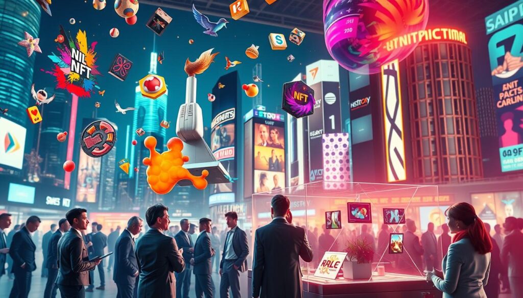 A digital surrealism scene depicting a bustling NFT market reset, with vivid, colorful abstract representations of various digital artworks and smart contracts floating in the air. In the foreground, a diverse group of collectors in professional business attire interact with holographic displays showcasing NFTs, their faces filled with curiosity and excitement. The middle ground features stylized representations of traditional print artworks and digital displays seamlessly blending, symbolizing the contrast between ownership in NFT smart contracts versus traditional prints. The background is a futuristic cityscape, illuminated by dynamic neon lights and glowing screens, creating an energetic and optimistic atmosphere. Soft lighting highlights the collectors and artwork, while a shallow depth of field draws focus to the interactions, enhancing the feeling of a vibrant digital marketplace. A digital surrealism scene depicting a bustling NFT market reset, with vivid, colorful abstract representations of various digital artworks and smart contracts floating in the air. In the foreground, a diverse group of collectors in professional business attire interact with holographic displays showcasing NFTs, their faces filled with curiosity and excitement. The middle ground features stylized representations of traditional print artworks and digital displays seamlessly blending, symbolizing the contrast between ownership in NFT smart contracts versus traditional prints. The background is a futuristic cityscape, illuminated by dynamic neon lights and glowing screens, creating an energetic and optimistic atmosphere. Soft lighting highlights the collectors and artwork, while a shallow depth of field draws focus to the interactions, enhancing the feeling of a vibrant digital marketplace.