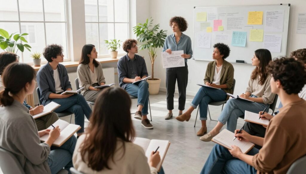 A diverse group of individuals engaged in a collaborative assessment process, arranged in a semi-circle. In the foreground, participants take notes in process journals, showcasing a variety of art materials. In the middle ground, a facilitator actively encourages discussion, holding a sketchbook filled with drawings and poetry. The setting is a bright, airy studio with large windows allowing natural light to flood in, creating a warm atmosphere. Potted plants are scattered around, adding a touch of nature. The background features a whiteboard filled with colorful brainstorming notes and sketches. Soft, diffused lighting enhances the collaborative mood, emphasizing creativity and engagement. The individuals are dressed in smart-casual attire, reflecting professionalism while promoting a relaxed environment. A diverse group of individuals engaged in a collaborative assessment process, arranged in a semi-circle. In the foreground, participants take notes in process journals, showcasing a variety of art materials. In the middle ground, a facilitator actively encourages discussion, holding a sketchbook filled with drawings and poetry. The setting is a bright, airy studio with large windows allowing natural light to flood in, creating a warm atmosphere. Potted plants are scattered around, adding a touch of nature. The background features a whiteboard filled with colorful brainstorming notes and sketches. Soft, diffused lighting enhances the collaborative mood, emphasizing creativity and engagement. The individuals are dressed in smart-casual attire, reflecting professionalism while promoting a relaxed environment.