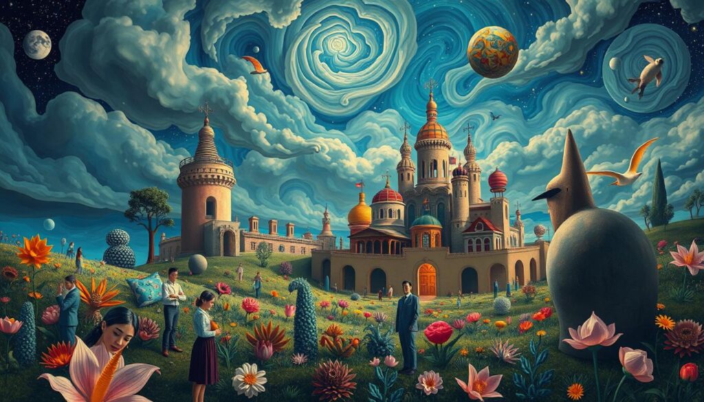 A dreamlike composition inspired by Latin American surrealism, featuring stylized elements evoking the works of Kahlo, Carrington, and Varo. In the foreground, a vibrant, surreal landscape includes softly rendered figures in professional attire, engaging with imaginative flora and fauna. The middle ground showcases a whimsical fusion of architectural elements and abstract forms, creating a sense of displacement and wonder. In the background, a twilight sky filled with swirling clouds and vivid stars adds depth, illuminating the scene with an ethereal glow. Use a wide-angle lens to capture the expansiveness of the environment, emphasizing the surreal, contemplative atmosphere, while maintaining a balanced composition that reflects the theme of dreams and exile in art. A dreamlike composition inspired by Latin American surrealism, featuring stylized elements evoking the works of Kahlo, Carrington, and Varo. In the foreground, a vibrant, surreal landscape includes softly rendered figures in professional attire, engaging with imaginative flora and fauna. The middle ground showcases a whimsical fusion of architectural elements and abstract forms, creating a sense of displacement and wonder. In the background, a twilight sky filled with swirling clouds and vivid stars adds depth, illuminating the scene with an ethereal glow. Use a wide-angle lens to capture the expansiveness of the environment, emphasizing the surreal, contemplative atmosphere, while maintaining a balanced composition that reflects the theme of dreams and exile in art.