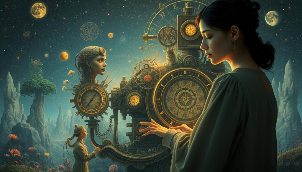 A dreamlike, surreal scene inspired by Remedios Varo, featuring an intricate machine adorned with organic elements, intertwining with mystical symbols. In the foreground, a delicate figure in modest, flowing clothing operates the machine, her face illuminated by soft, ethereal light, reflecting a blend of curiosity and wonder. The middle layer showcases a fantastical landscape filled with whimsical flora and arcane geometric shapes, hinting at a fusion of science and magic. In the background, a starry night sky dotted with vibrant celestial bodies creates an atmosphere of enigma and exploration. The overall mood is one of serene introspection, combined with a sense of discovery, evoking the essence of narrative engineering and the interplay between art and invention. A dreamlike, surreal scene inspired by Remedios Varo, featuring an intricate machine adorned with organic elements, intertwining with mystical symbols. In the foreground, a delicate figure in modest, flowing clothing operates the machine, her face illuminated by soft, ethereal light, reflecting a blend of curiosity and wonder. The middle layer showcases a fantastical landscape filled with whimsical flora and arcane geometric shapes, hinting at a fusion of science and magic. In the background, a starry night sky dotted with vibrant celestial bodies creates an atmosphere of enigma and exploration. The overall mood is one of serene introspection, combined with a sense of discovery, evoking the essence of narrative engineering and the interplay between art and invention.