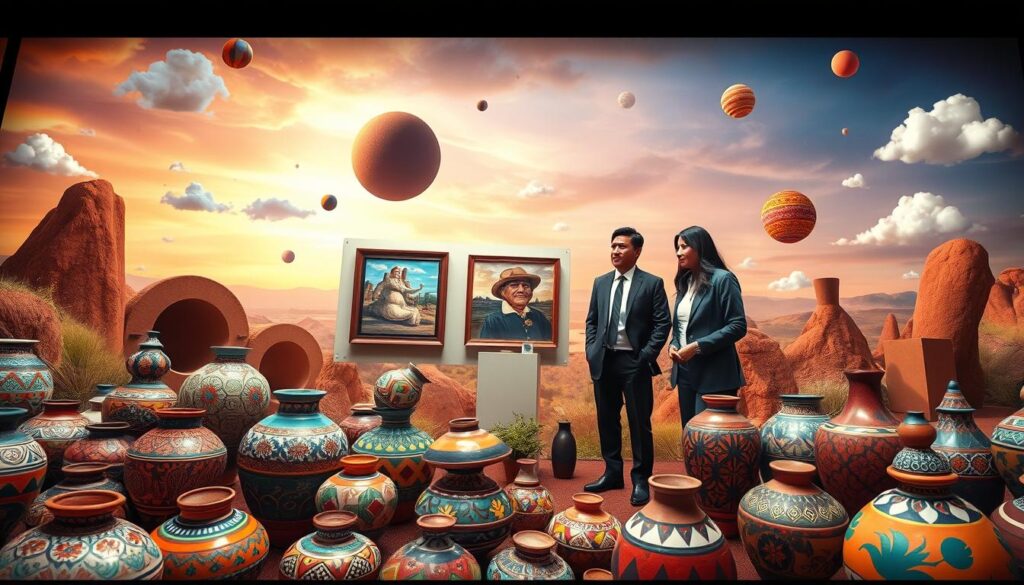 A dreamy, surreal landscape featuring a vibrant Mexican market nestled amidst floating geometric shapes and whimsical clouds. In the foreground, a collection of vividly colored ceramic pots displaying intricate patterns reflects the craftsmanship of Mexican artists. The middle ground showcases two well-dressed curators in professional attire examining a piece of surrealist art on display, their expressions thoughtful and engaged. In the background, an ethereal sky transitions from warm oranges to deep blues, with soft, diffused lighting casting gentle shadows. The atmosphere feels both inviting and mysterious, evoking a sense of discovery and appreciation for the world of Mexican surrealism. The scene is captured with a wide-angle lens, creating an expansive view that invites the viewer to ponder the value and artistry within this unique cultural context. A dreamy, surreal landscape featuring a vibrant Mexican market nestled amidst floating geometric shapes and whimsical clouds. In the foreground, a collection of vividly colored ceramic pots displaying intricate patterns reflects the craftsmanship of Mexican artists. The middle ground showcases two well-dressed curators in professional attire examining a piece of surrealist art on display, their expressions thoughtful and engaged. In the background, an ethereal sky transitions from warm oranges to deep blues, with soft, diffused lighting casting gentle shadows. The atmosphere feels both inviting and mysterious, evoking a sense of discovery and appreciation for the world of Mexican surrealism. The scene is captured with a wide-angle lens, creating an expansive view that invites the viewer to ponder the value and artistry within this unique cultural context.