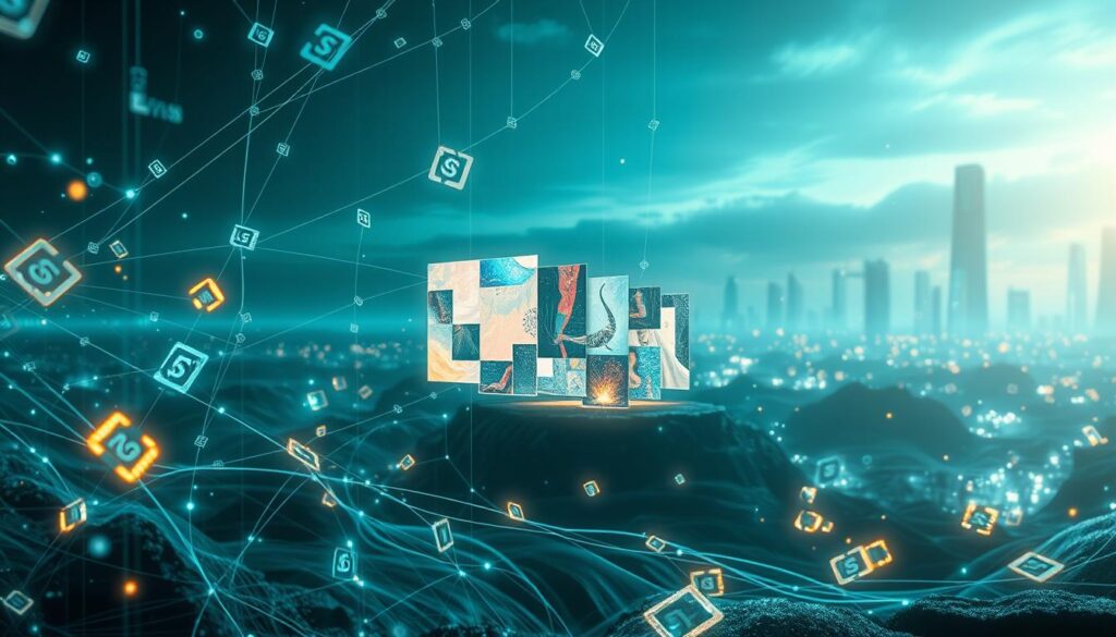 A futuristic digital landscape representing "provenance on chain." In the foreground, shimmering digital hashes and unique verification symbols float, intertwined with threads of light, symbolizing blockchain technology. The middle ground features surreal, ethereal forms of fragmented art pieces, showcasing their histories and origins, bathed in soft, ambient lighting that enhances their vibrant colors. The background reveals a futuristic cityscape with interconnected networks and glowing nodes, highlighting a smart ecosystem of digital art. The atmosphere is a blend of intrigue and clarity, with a cool color palette of blues and greens, evoking a sense of advanced technology and security. Capture this entire scene from a slightly elevated angle to provide depth and perspective. A futuristic digital landscape representing "provenance on chain." In the foreground, shimmering digital hashes and unique verification symbols float, intertwined with threads of light, symbolizing blockchain technology. The middle ground features surreal, ethereal forms of fragmented art pieces, showcasing their histories and origins, bathed in soft, ambient lighting that enhances their vibrant colors. The background reveals a futuristic cityscape with interconnected networks and glowing nodes, highlighting a smart ecosystem of digital art. The atmosphere is a blend of intrigue and clarity, with a cool color palette of blues and greens, evoking a sense of advanced technology and security. Capture this entire scene from a slightly elevated angle to provide depth and perspective.