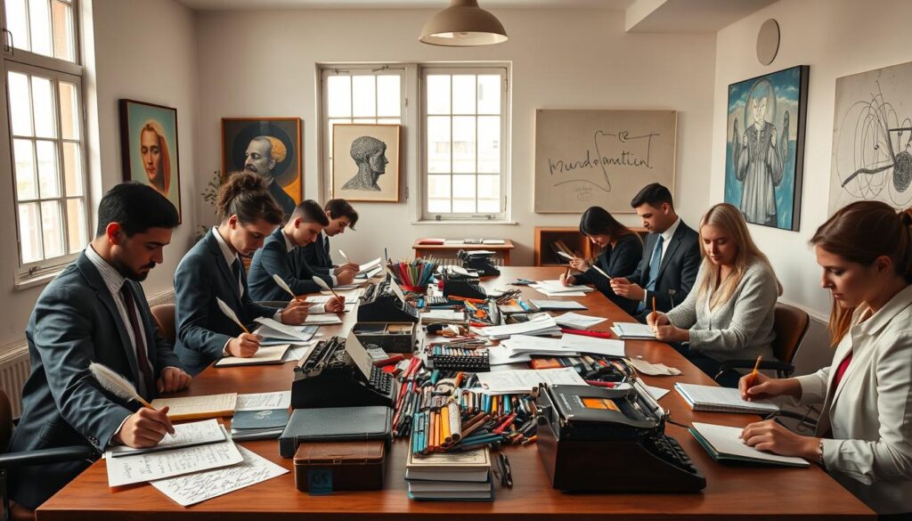 A serene and inspiring classroom setting dedicated to automatic writing. In the foreground, diverse individuals engaged in writing with quills and notebooks, dressed in professional business attire, deeply focused and surrounded by sheets of paper with scribbled notes. In the middle ground, a large table featuring an array of colorful art supplies, typewriters, and copies of famous surrealist works, symbolizing creativity and collaboration. The background displays large windows letting in soft, natural daylight, enhancing the tranquil atmosphere. The walls are adorned with abstract artworks that ignite the imagination. The overall mood is one of exploration and artistic inquiry, evoking the essence of Surrealism and the practice of automatic writing. A serene and inspiring classroom setting dedicated to automatic writing. In the foreground, diverse individuals engaged in writing with quills and notebooks, dressed in professional business attire, deeply focused and surrounded by sheets of paper with scribbled notes. In the middle ground, a large table featuring an array of colorful art supplies, typewriters, and copies of famous surrealist works, symbolizing creativity and collaboration. The background displays large windows letting in soft, natural daylight, enhancing the tranquil atmosphere. The walls are adorned with abstract artworks that ignite the imagination. The overall mood is one of exploration and artistic inquiry, evoking the essence of Surrealism and the practice of automatic writing.
