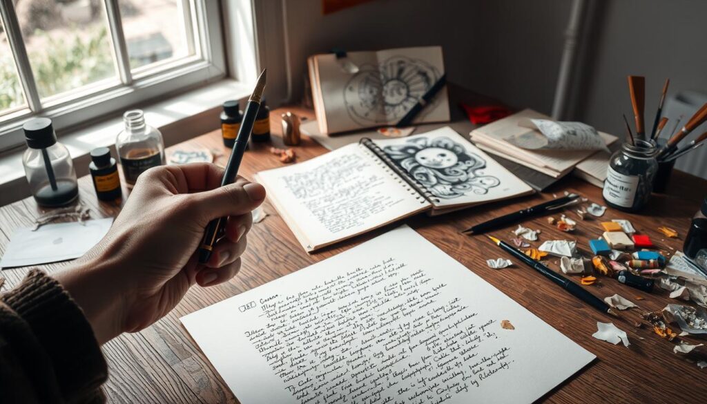 A serene workspace dedicated to automatic writing, featuring a textured wooden desk covered with an array of artistic materials. In the foreground, a hand holds a pen poised above a page filled with swirling, abstract text that flows like poetry. Around the desk, scattered elements of collage—fragments of colorful paper, ink bottles, and brushes—blend harmoniously. In the middle ground, an open sketchbook displays a dynamic drawing inspired by the written words, showcasing a fusion of surrealist imagery. The background is softly lit, with shadows enhancing the cozy atmosphere, as a window lets natural light spill in, casting gentle patterns on the wall. The overall mood is creative and contemplative, inviting the viewer into the world of artistic exploration. A serene workspace dedicated to automatic writing, featuring a textured wooden desk covered with an array of artistic materials. In the foreground, a hand holds a pen poised above a page filled with swirling, abstract text that flows like poetry. Around the desk, scattered elements of collage—fragments of colorful paper, ink bottles, and brushes—blend harmoniously. In the middle ground, an open sketchbook displays a dynamic drawing inspired by the written words, showcasing a fusion of surrealist imagery. The background is softly lit, with shadows enhancing the cozy atmosphere, as a window lets natural light spill in, casting gentle patterns on the wall. The overall mood is creative and contemplative, inviting the viewer into the world of artistic exploration.