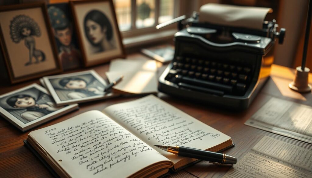 A serene workspace featuring a wooden desk scattered with surrealist artwork and notebooks. In the foreground, a well-worn journal lies open, with elegant handwritten notes and doodles that hint at automatic writing. A delicate fountain pen rests beside it, glinting softly in the ambient light. The middle ground includes a vintage typewriter, embodying the historical aspect of writing, with sheets of paper partially pulled out. The background features a soft-focus window that lets in natural sunlight, illuminating the space and casting gentle shadows. The mood is introspective and contemplative, suggesting the dual nature of creativity and mental health. A subtle color palette of warm browns and soft yellows creates an inviting yet thought-provoking atmosphere, with an emphasis on authenticity and inspiration. A serene workspace featuring a wooden desk scattered with surrealist artwork and notebooks. In the foreground, a well-worn journal lies open, with elegant handwritten notes and doodles that hint at automatic writing. A delicate fountain pen rests beside it, glinting softly in the ambient light. The middle ground includes a vintage typewriter, embodying the historical aspect of writing, with sheets of paper partially pulled out. The background features a soft-focus window that lets in natural sunlight, illuminating the space and casting gentle shadows. The mood is introspective and contemplative, suggesting the dual nature of creativity and mental health. A subtle color palette of warm browns and soft yellows creates an inviting yet thought-provoking atmosphere, with an emphasis on authenticity and inspiration.