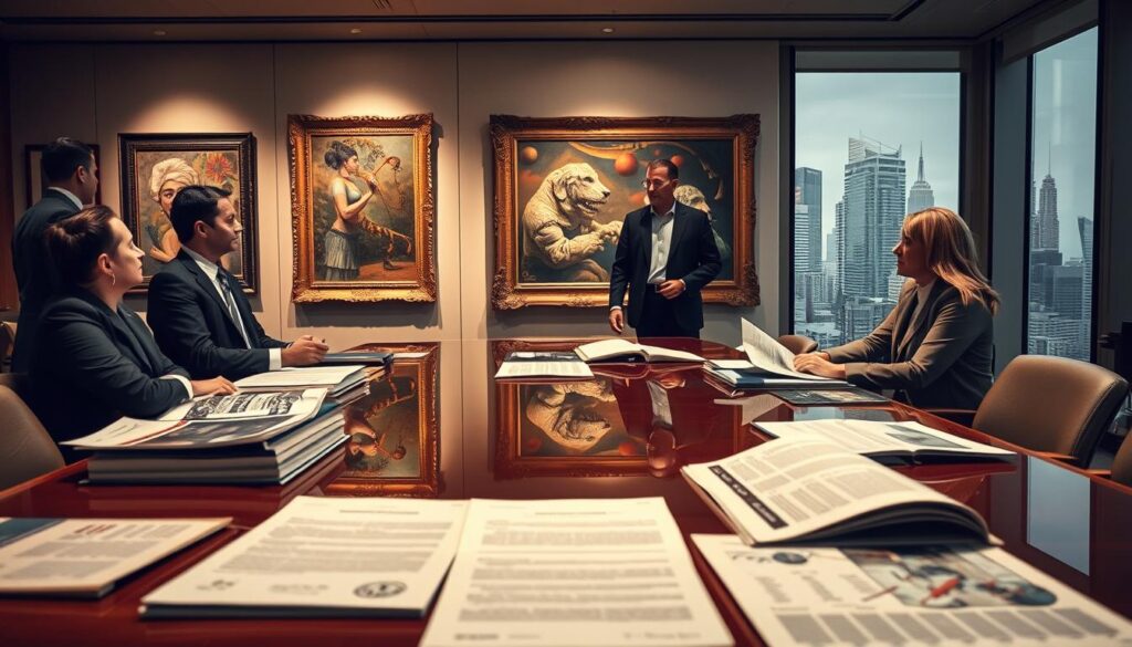 A sophisticated art finance scene depicting a dynamic office environment, where professionals in business attire engage in a discussion about loans and collateral for fragile artworks. In the foreground, a polished conference table is adorned with art catalogues and detailed financial reports, emphasizing the intersection of finance and art. The middle ground features elegantly framed surrealist artworks hanging on the walls, with soft lighting casting a warm glow to highlight their textures and colors. In the background, large windows reveal a bustling cityscape, symbolizing a shifting economy. The atmosphere is tense yet hopeful, capturing the essence of risk management in the delicate balance of financing art. The image should be captured with a shallow depth of field to draw focus on the professionals while gently blurring the bustling city beyond. A sophisticated art finance scene depicting a dynamic office environment, where professionals in business attire engage in a discussion about loans and collateral for fragile artworks. In the foreground, a polished conference table is adorned with art catalogues and detailed financial reports, emphasizing the intersection of finance and art. The middle ground features elegantly framed surrealist artworks hanging on the walls, with soft lighting casting a warm glow to highlight their textures and colors. In the background, large windows reveal a bustling cityscape, symbolizing a shifting economy. The atmosphere is tense yet hopeful, capturing the essence of risk management in the delicate balance of financing art. The image should be captured with a shallow depth of field to draw focus on the professionals while gently blurring the bustling city beyond.