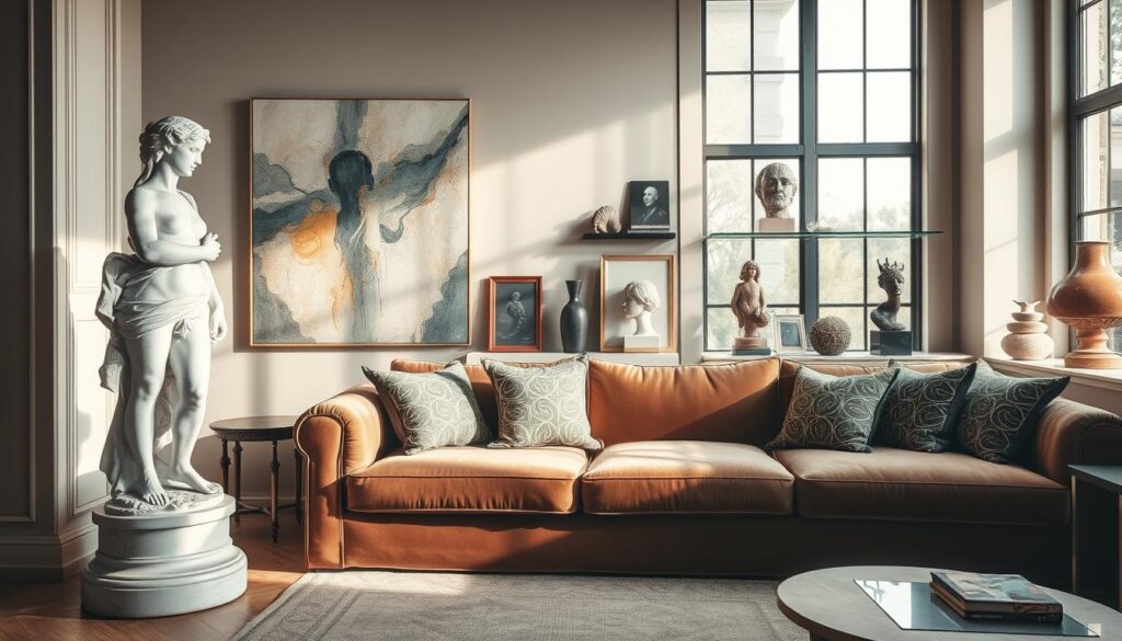A sophisticated interior room blending historic art with contemporary surrealist pieces. In the foreground, a classical marble statue sits gracefully beside a modern abstract painting, showcasing a harmonious dialogue between eras. The middle ground features a plush sofa upholstered in rich, velvet fabric, adorned with throw pillows inspired by dreamlike patterns. Soft, natural light streams in from large windows, creating a warm and inviting atmosphere. In the background, shelves display additional art pieces, ranging from renowned historic works to innovative contemporary sculptures. The overall mood is serene yet thought-provoking, capturing the essence of art as a vital part of home design, emphasizing the interplay between tradition and modern surrealism. A sophisticated interior room blending historic art with contemporary surrealist pieces. In the foreground, a classical marble statue sits gracefully beside a modern abstract painting, showcasing a harmonious dialogue between eras. The middle ground features a plush sofa upholstered in rich, velvet fabric, adorned with throw pillows inspired by dreamlike patterns. Soft, natural light streams in from large windows, creating a warm and inviting atmosphere. In the background, shelves display additional art pieces, ranging from renowned historic works to innovative contemporary sculptures. The overall mood is serene yet thought-provoking, capturing the essence of art as a vital part of home design, emphasizing the interplay between tradition and modern surrealism.